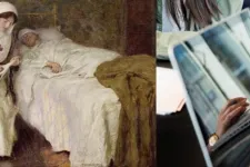 Fotomontage: målad tavla föreställande kvinnlig sjuksköterska och patient samt modernt foto på en laptopskärm. 