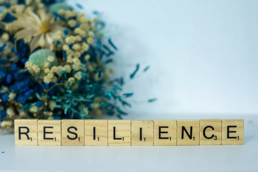 Bokstavsplattor som bildar ordet resilience. Foto.